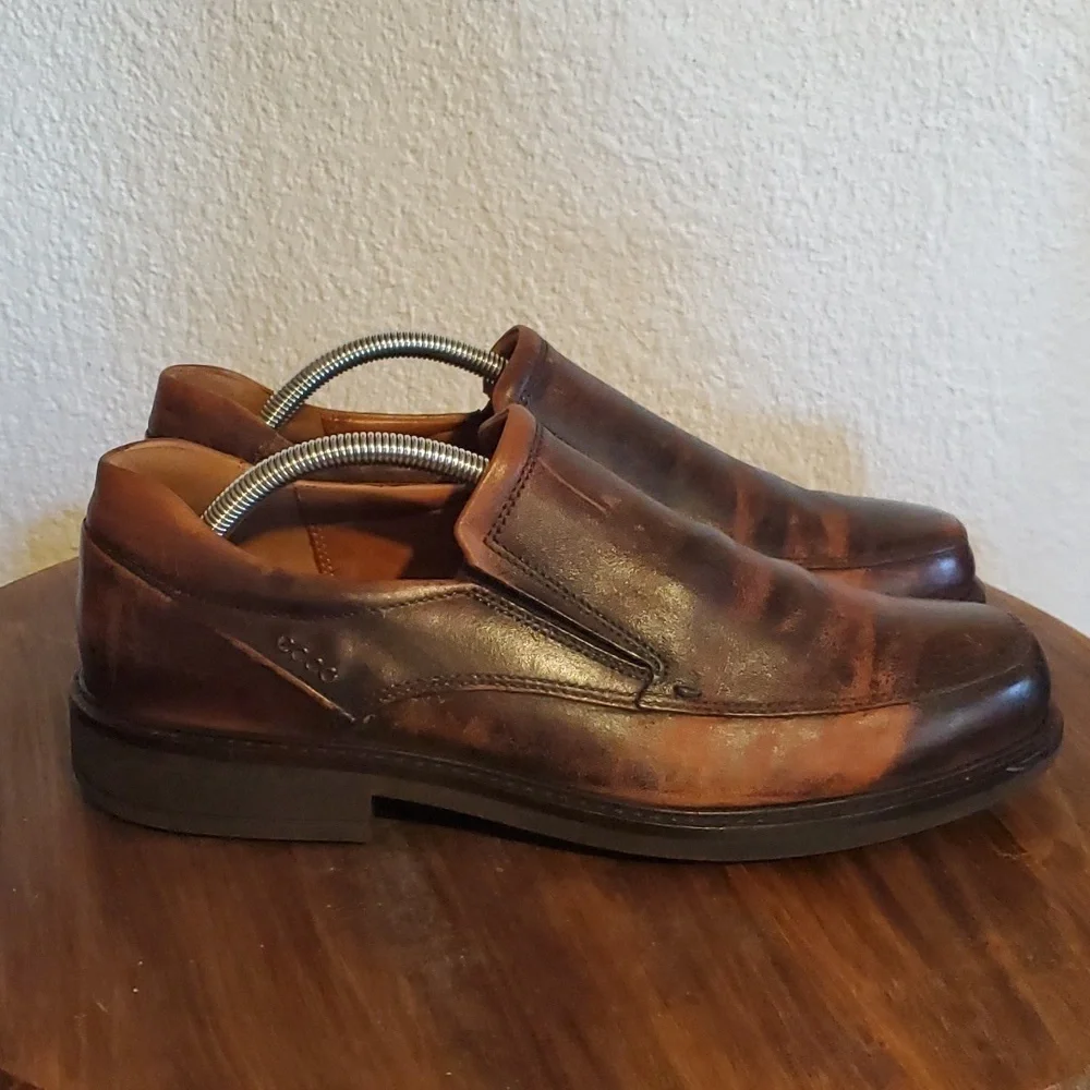Ecco- Mens Distressed Leather Dress Shoes Slip on Neutral Comfy! Like New! Sz.10